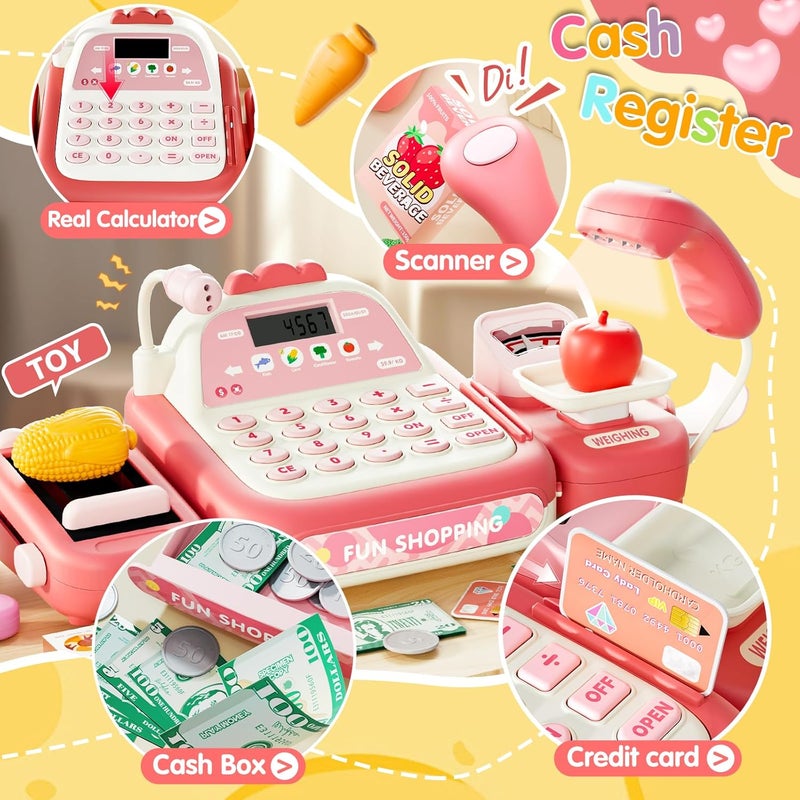 STACTCUTE 49PCS Pretend Play Cash Register Toy Set for Kids with Real Calculator,Scanner,Microphone,Conveyor Belt,Weighing Tool,Cashier Playset Realistic Gift for Toddler Kid Ages 3 4 5 6 7 8（Pink） - Image 4